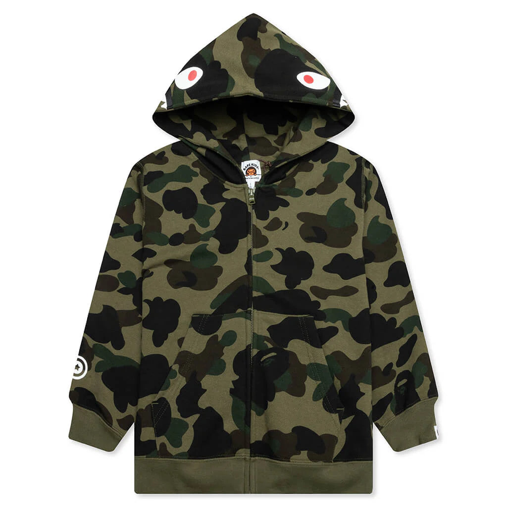 Kids 1ST Camo Patch Print Shark Zip Hoodie Green