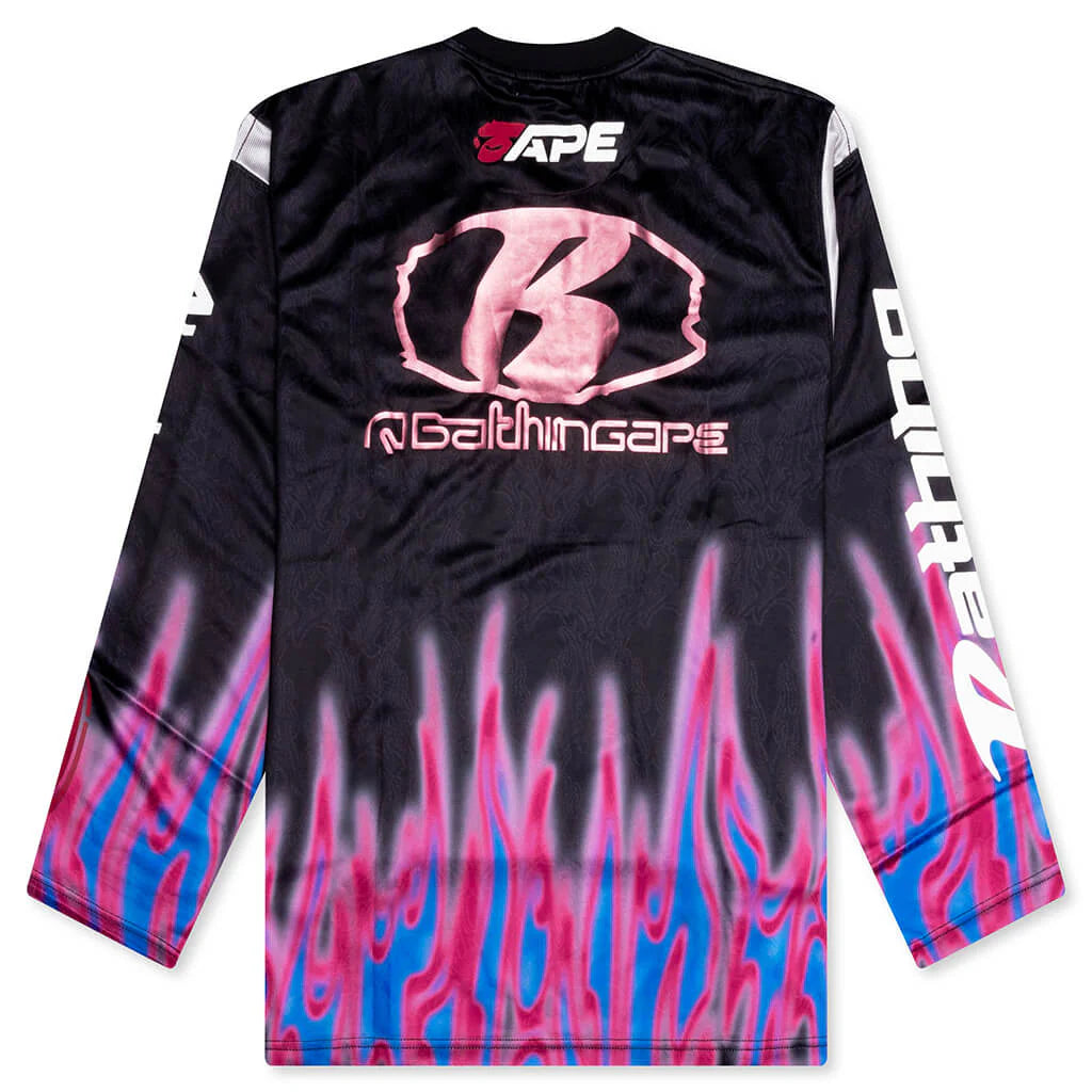 Flame Pattern Multilogo Relaxed Fit Football Jersey Black