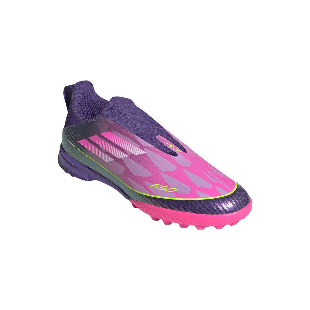 adidas F50 LEAGUE Laceless TF Youth Soccer Cleats Purple White Lemon
