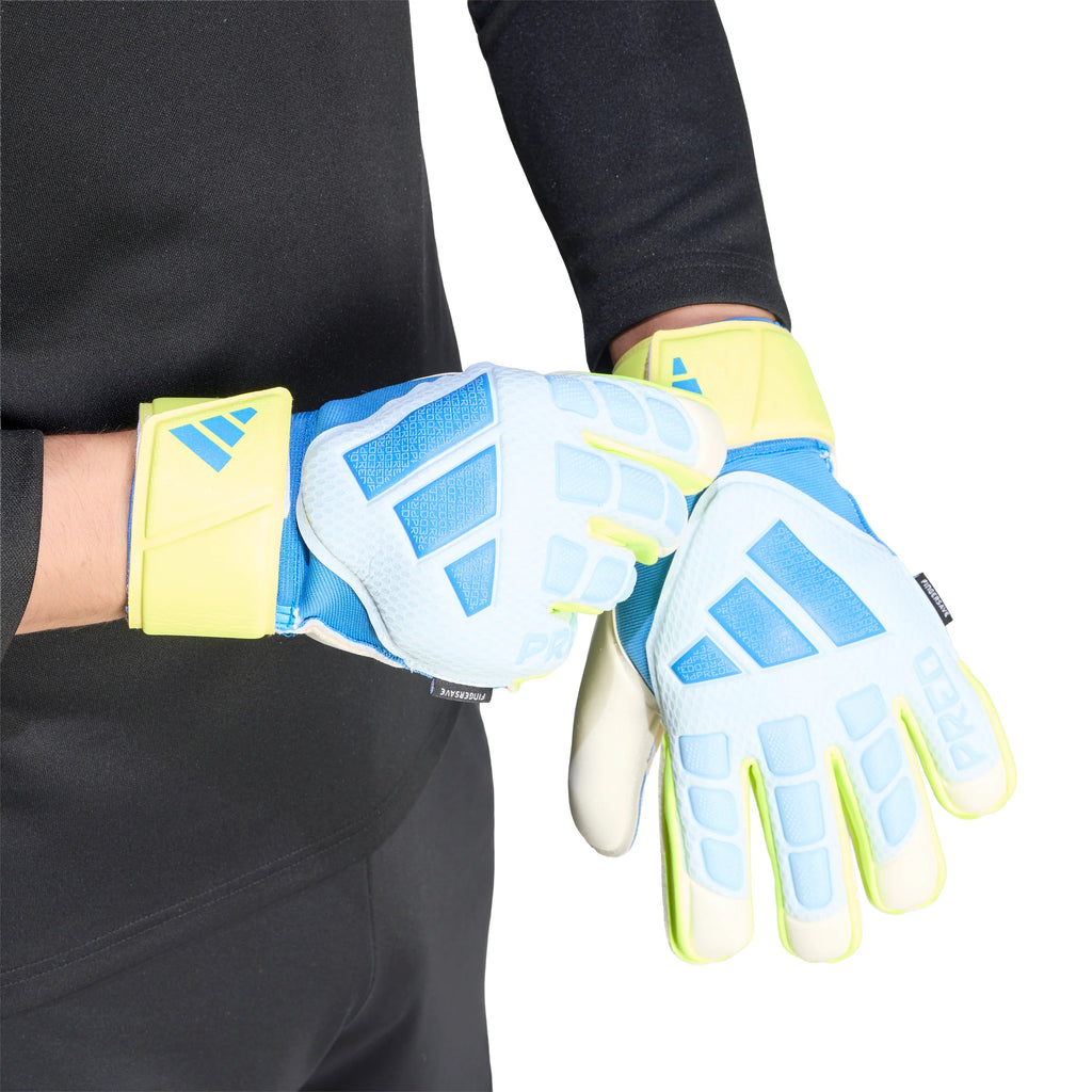 adidas Predator Match Fingersave Goalkeeper Soccer Gloves Sky Blue Yellow