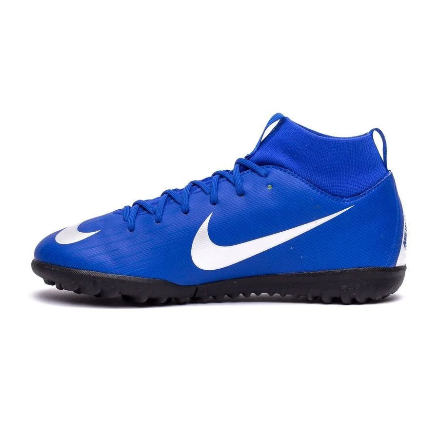 Nike JR Superflyx 6 Academy TF Turf Soccer Cleats Racer Blue Metallic Silver