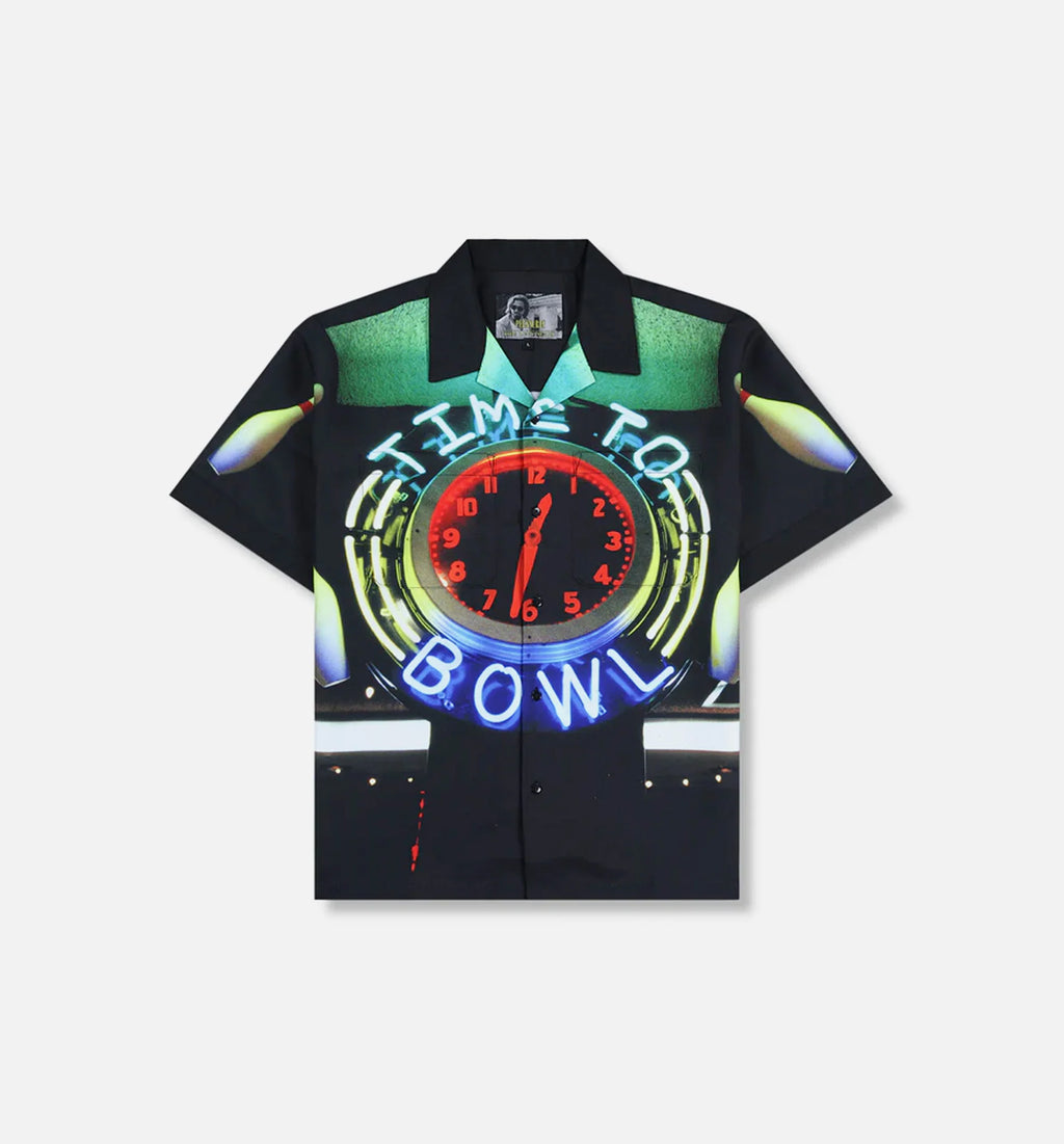 Big Lebowski Time To Bowl Button Up Mens Short Sleeve Shirt Black Red