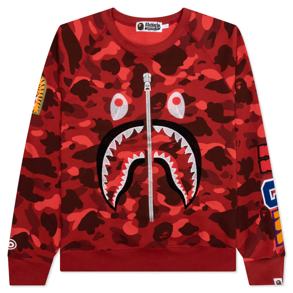 Color Camo Embroidery Shark Crewneck Red