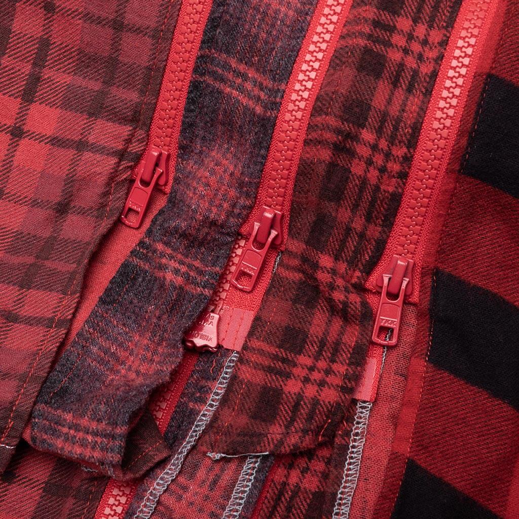 Flannel Shirt 7 Cuts Zipped Wide Shirt Over Dye Red