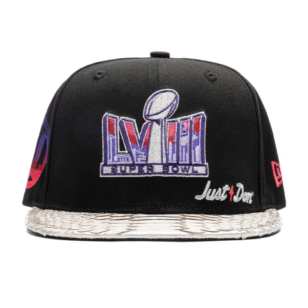 Just Don x Usher Super Bowl LVIII 9FIFTY Snapback Hat Black Silver Python