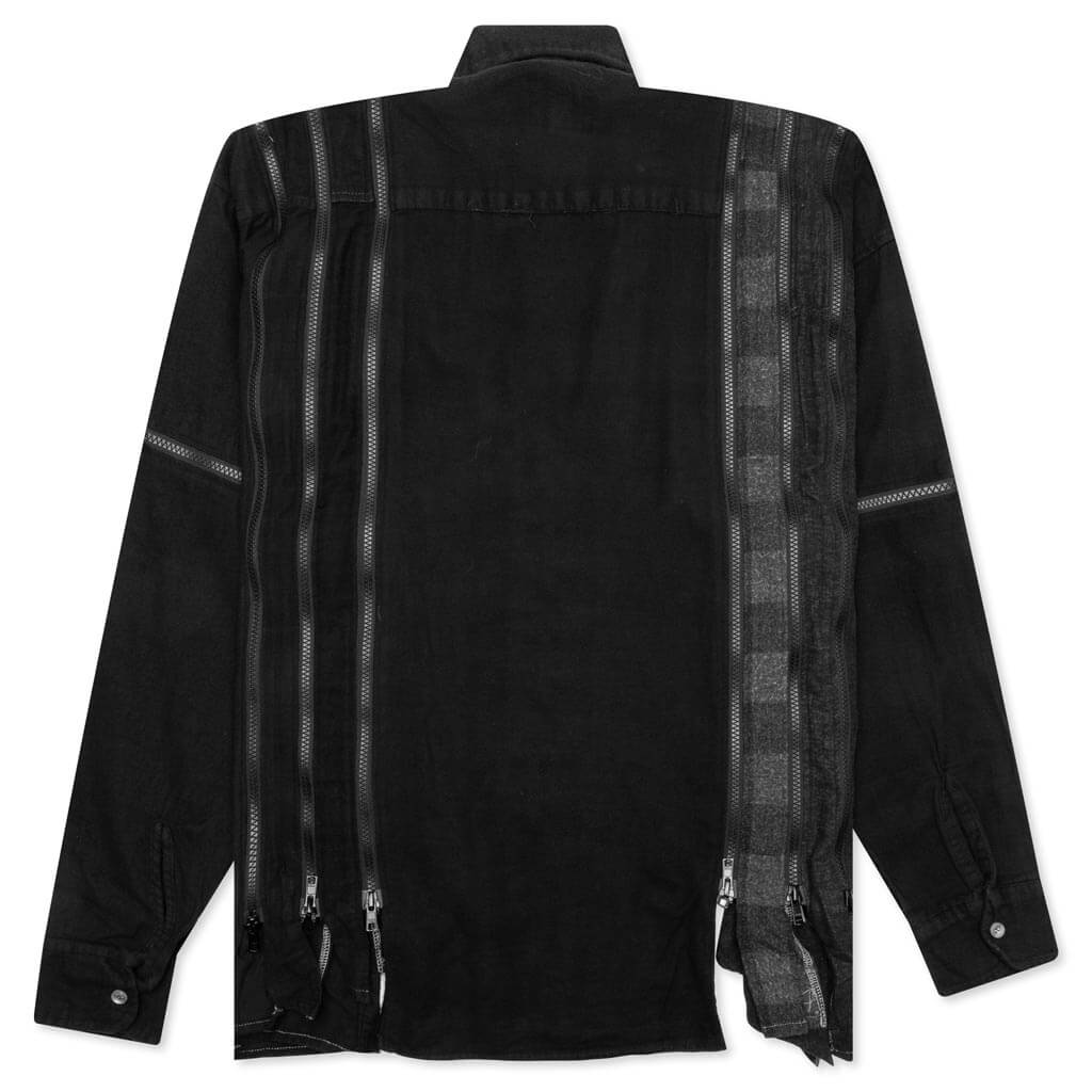 Flannel Shirt 7 Cuts Zipped Wide Shirt Over Dye Black