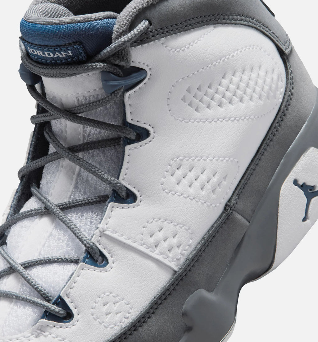 Air Jordan 9 Retro Flint Grey and French Blue Preschool Lifestyle Shoe White French Blue Flint Grey