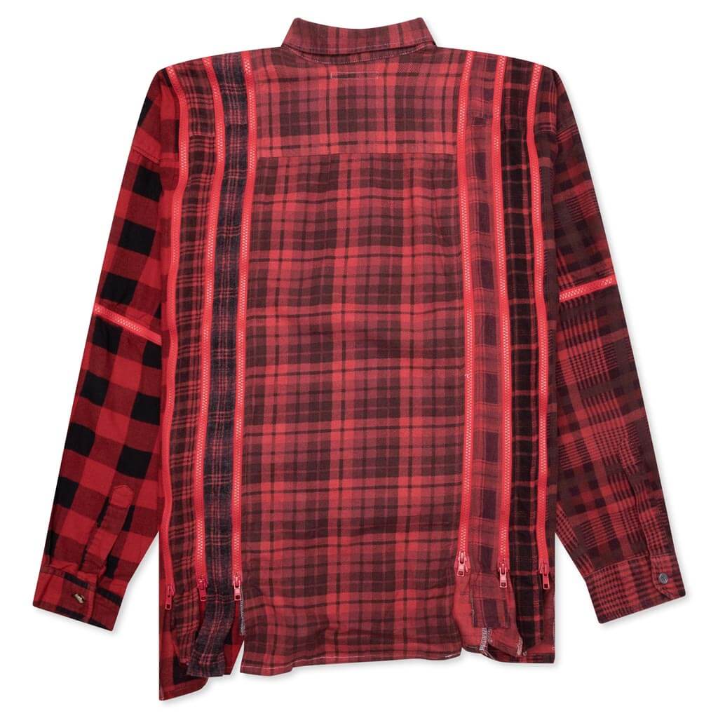 Flannel Shirt 7 Cuts Zipped Wide Shirt Over Dye Red