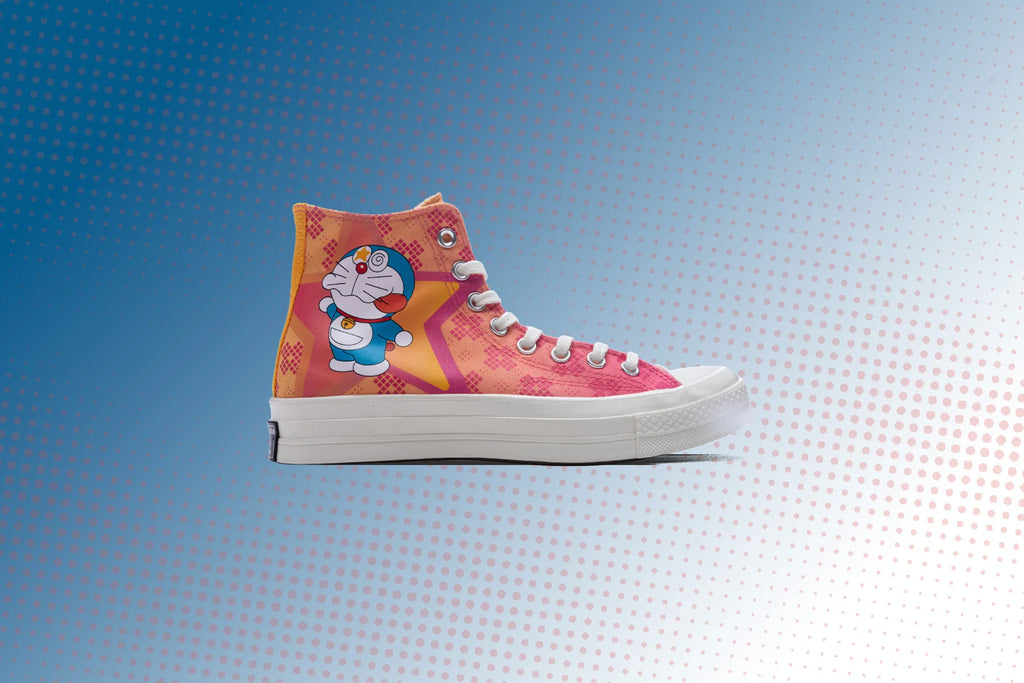 Converse x Doraemon Chuck 70 Hi Hawaiian Ocean Flamingo Habanero Gold