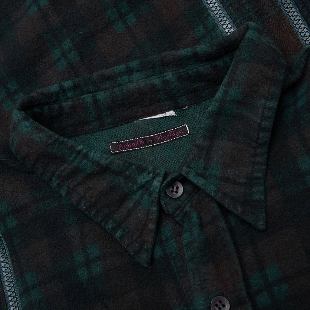 Flannel Shirt 7 Cuts Zipped Wide Shirt Over Dye Green
