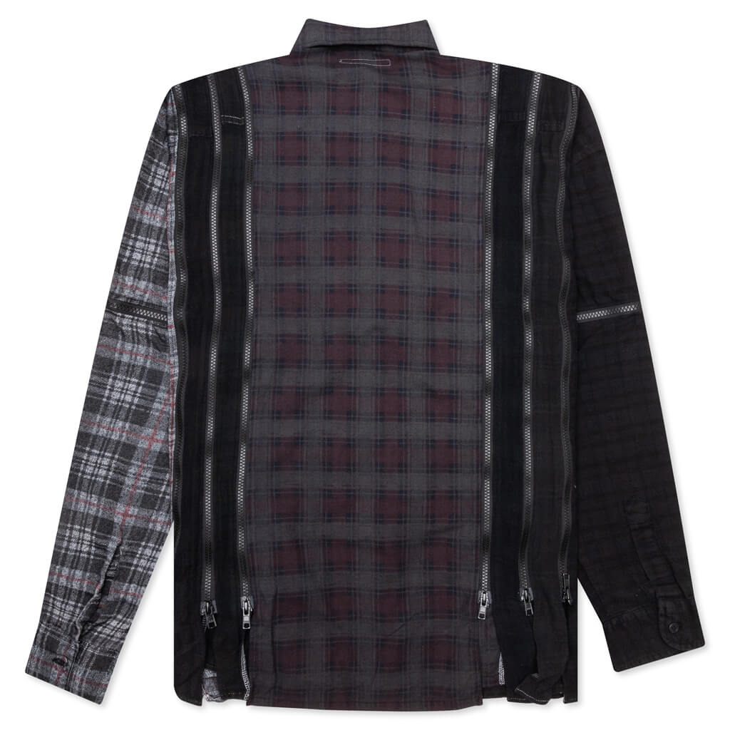Flannel Shirt 7 Cuts Zipped Wide Shirt Over Dye Black