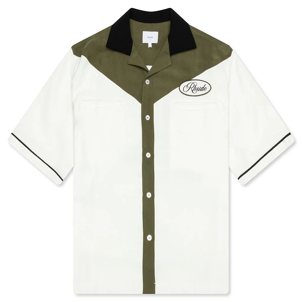 Town and Country Bowling Shirt Military Green Off White