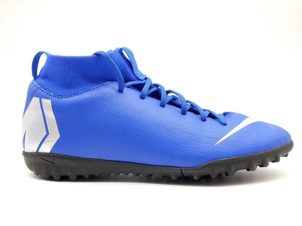 Nike JR Superflyx 6 Academy TF Turf Soccer Cleats Racer Blue Metallic Silver