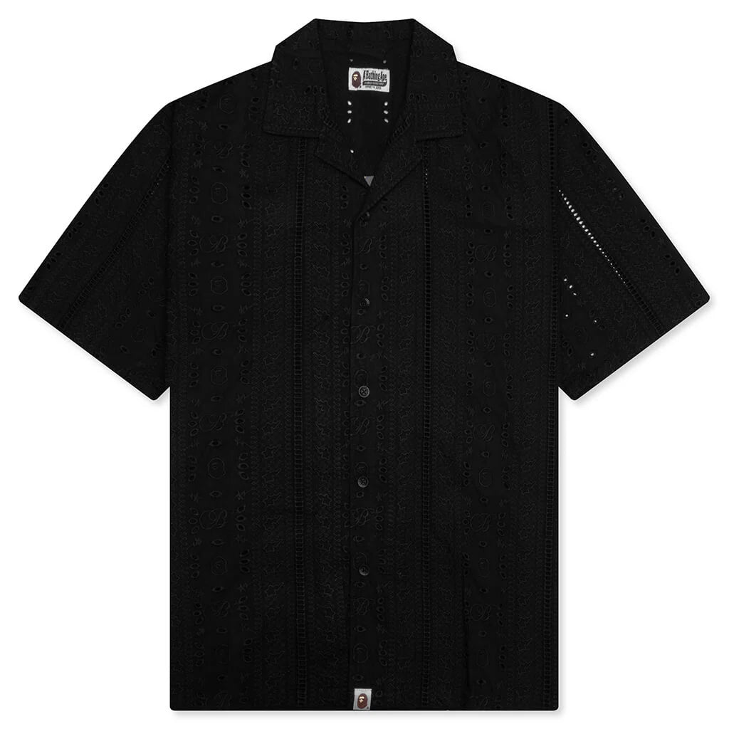Embroidery Open Collar S S Shirt Black