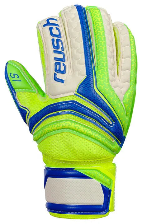 Reusch Serathor Prime S1 Finger Support Junior Goalkeeper Gloves Fluo Green Blue White