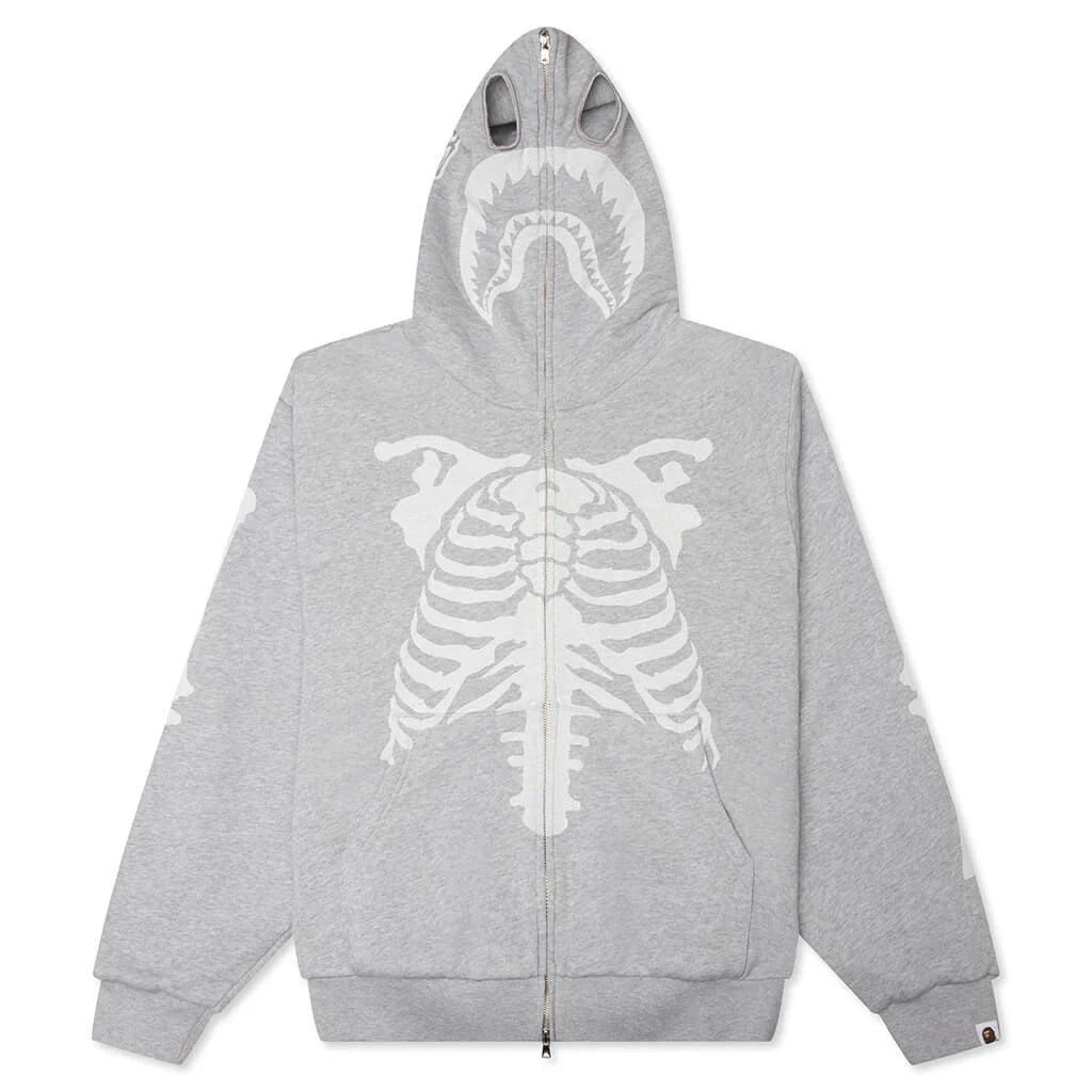 Skeleton Shark Heavy Washed Cropped Fit Full Zip Hoodie Gray